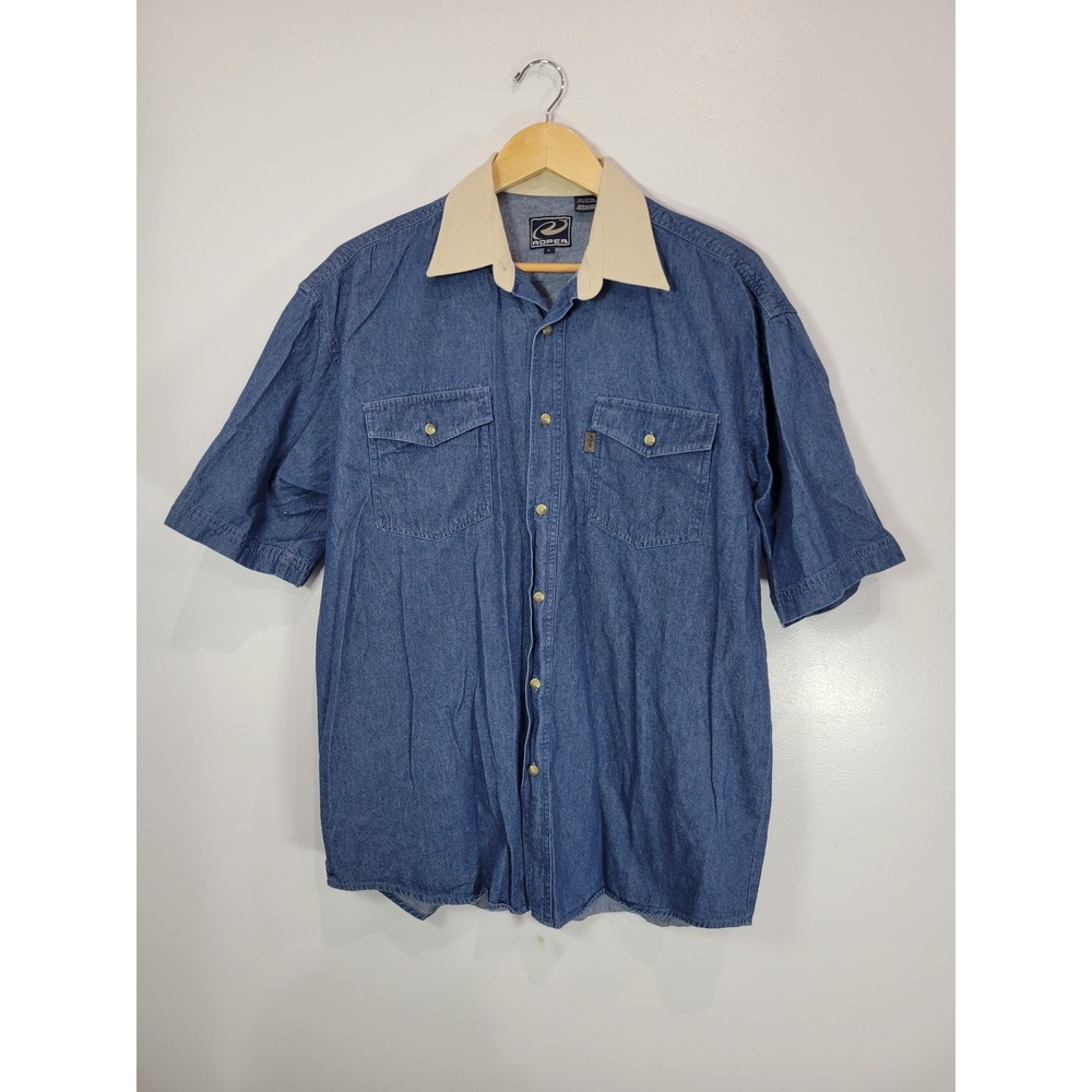 Roper Mens Short Sleeve Denim Western Shirt Blue Tan Collar Large Button Up